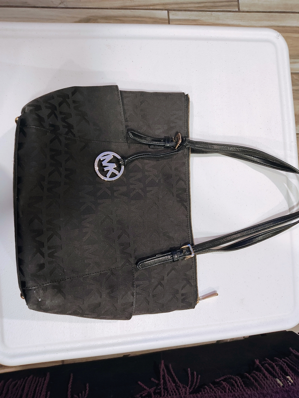 Michael Kors Black Logo Jacquard Satchel with MK Charm